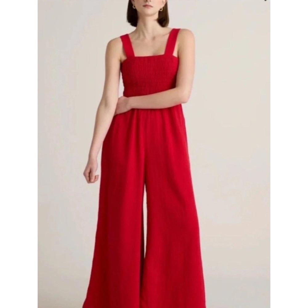 Quince Red Smocked Tank Wide Leg Jumpsuit Small Organic Cotton Gauze Smocked